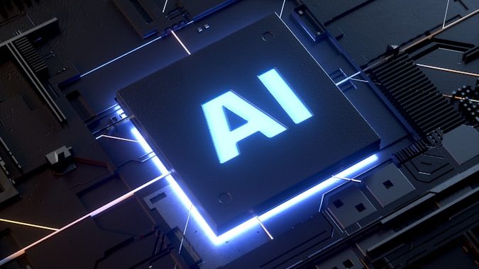 AI & SOTIF Engineering Mikrochip mit der Aufschrift "AI" in leuchtendem Blau auf dunklem Hintergrund.