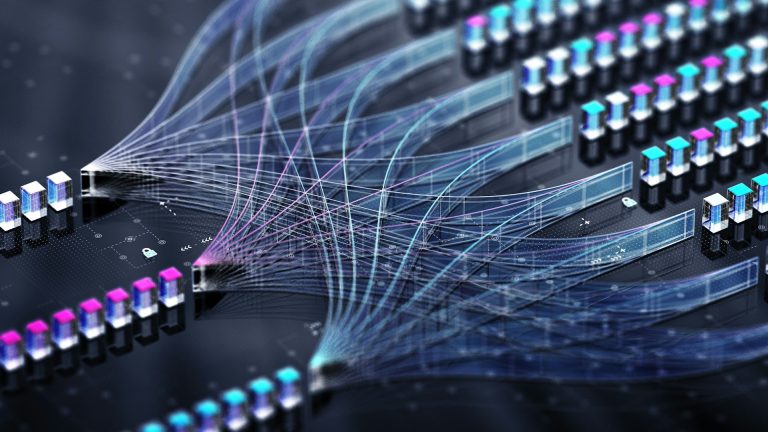 Systems Engineering Bunte Datenströme über ein Netzwerk aus Mikroprozessoren und Verbindungsstellen.