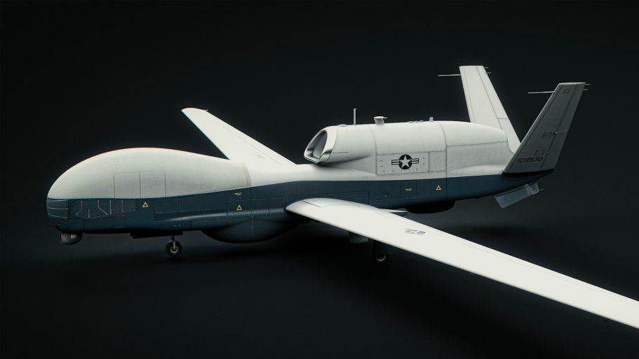 Defence Modell eines Überwachungsdrohnenflugzeugs in grauer und blauer Farbgebung.